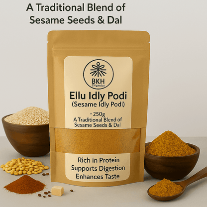 BKH Ellu Idly Podi packaging with sesame seeds, dal, and spices on a light background
