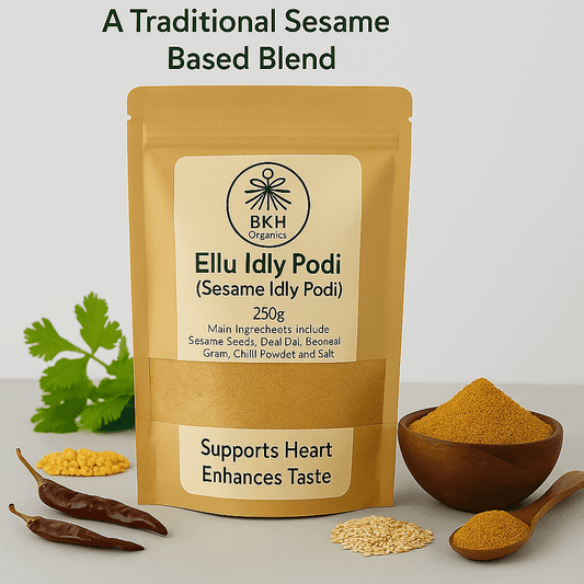 BKH Organics Ellu Idly Podi packaging with ingredients on a light gray background