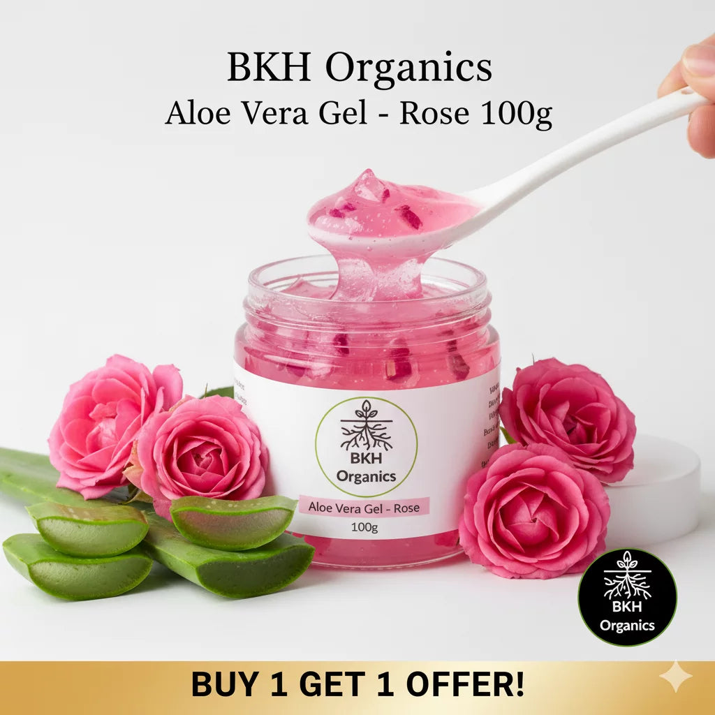 BKH Organics Aloe Vera Gel with pink rose flavor, jar and spoon with gel, surrounded by pink roses on a light background.