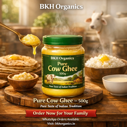 BKH Organics Pure Cow Ghee jar on a wooden table with traditional Indian food items.