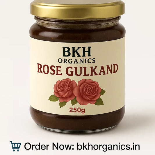 Jar of BKH Organics Rose Gulkand with a gold lid on a white background