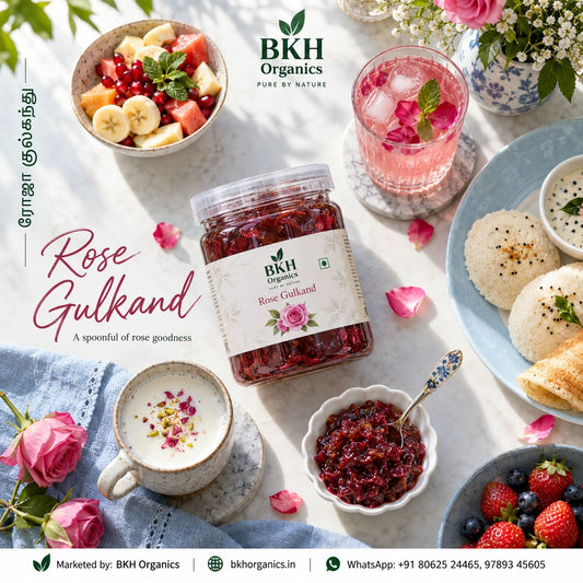 Bottle of Paneer Rose Gulkant  on a white surface with decorative eggs and flowers in the background. BKH Organics