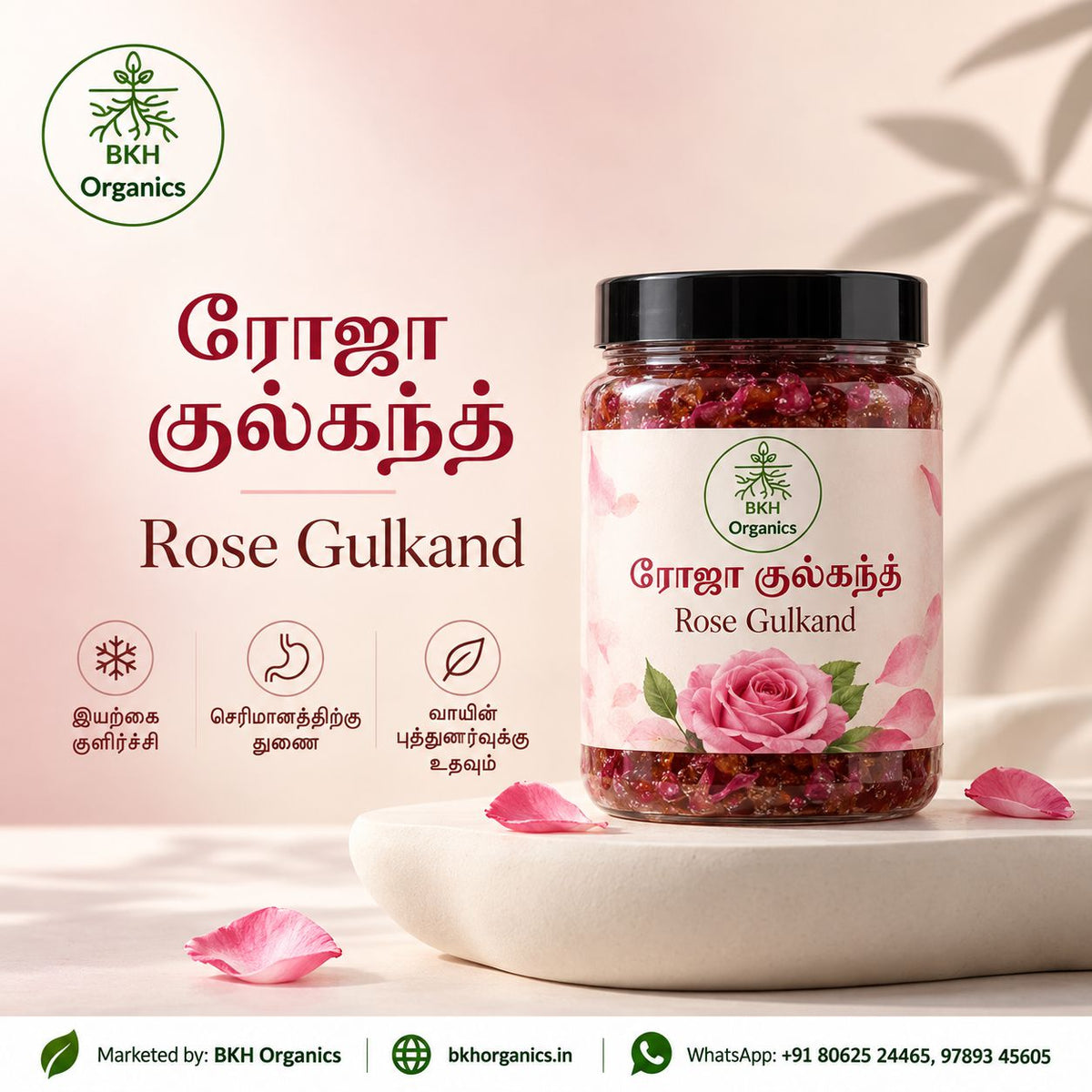 Bottle of Paneer Rose Gulkant  on a white surface with decorative eggs and flowers in the background. BKH Organics