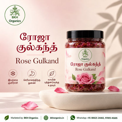 Bottle of Paneer Rose Gulkant  on a white surface with decorative eggs and flowers in the background. BKH Organics