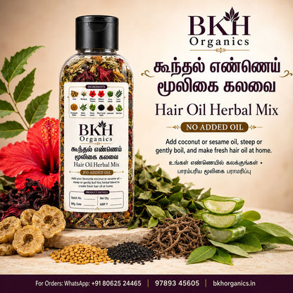 A bottle of BKH Organics Hair Oil Herbal Mix displayed on a styled background with ingredients like sliced cucumber, dried herbs, and a red flower. The image includes English and Tamil text detailing the product's benefits.