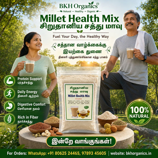 BKH Organics Millet Health Mix advertisement with a man and woman outdoors, promoting natural health benefits.