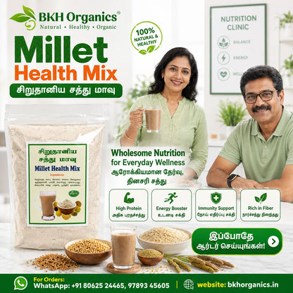 BKH Organics Millet Health Mix advertisement with a couple in a kitchen setting.