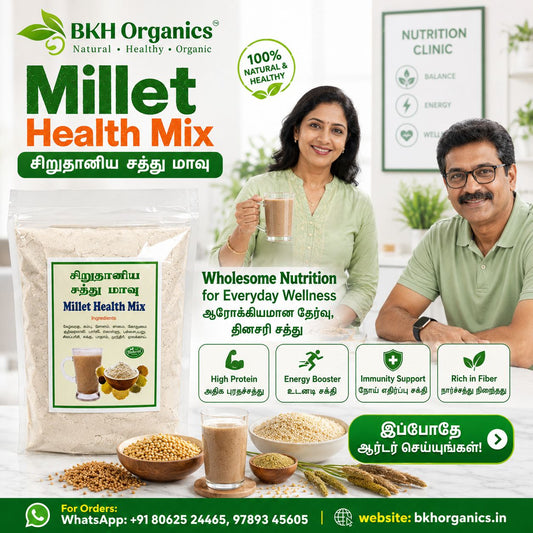 BKH Organics Millet Health Mix advertisement with a couple in a kitchen setting.