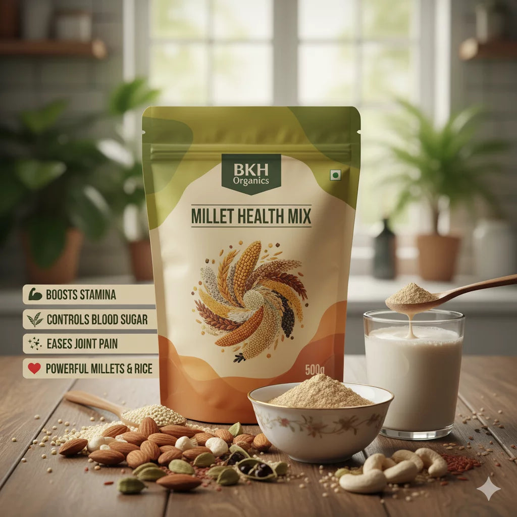 BKH Organics Millet Health Mix package on a wooden table with ingredients and a glass of milk.