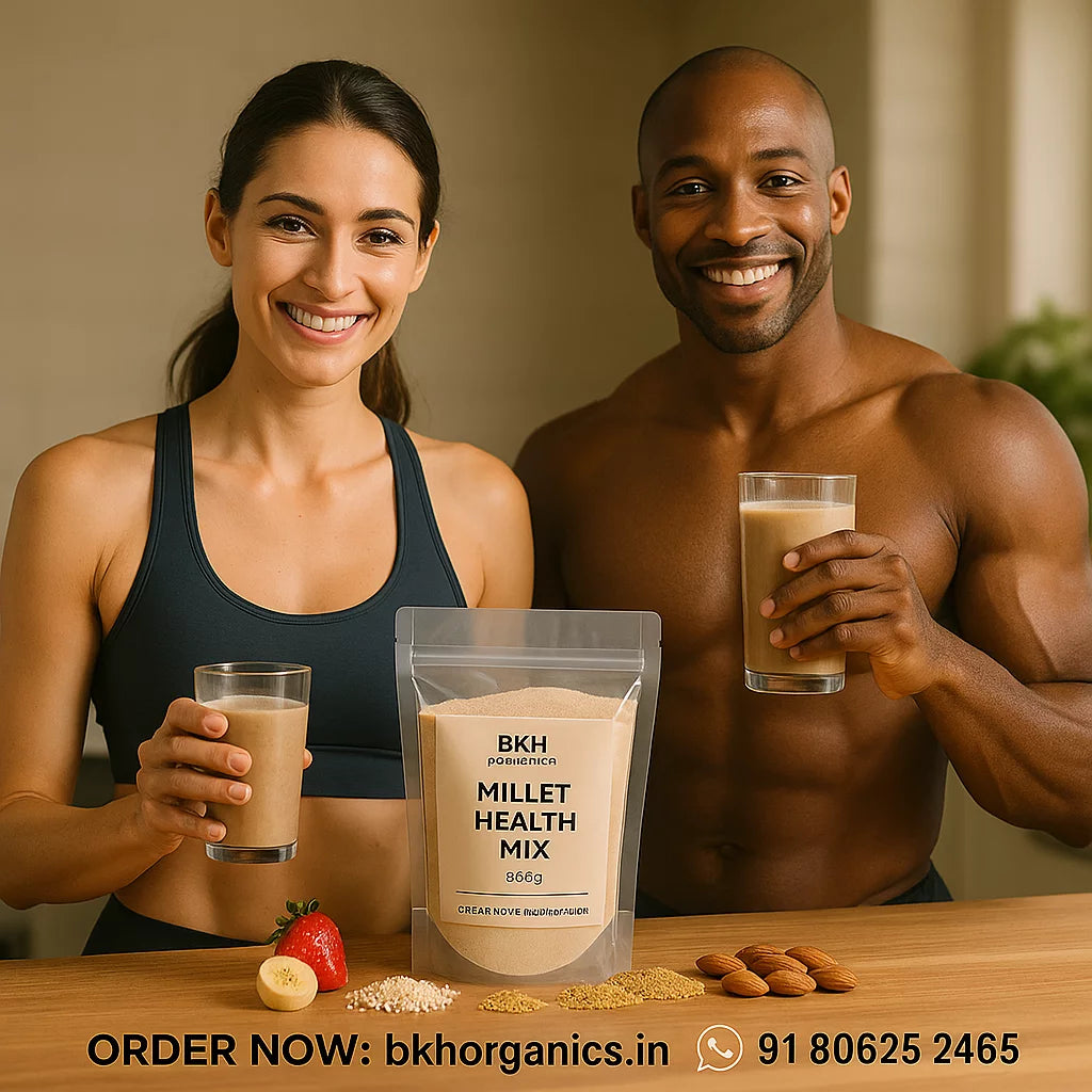 Two people holding glasses of a millet health mix with a package on a table. BKH Organics Millet Health Mix 