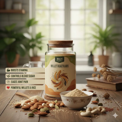 BKH Organic Millet Health Mix jar on a wooden table with ingredients and a bowl of powder.
