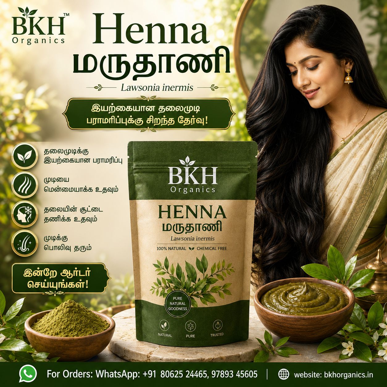 BKH Organics Henna product with a woman and henna ingredients in the background