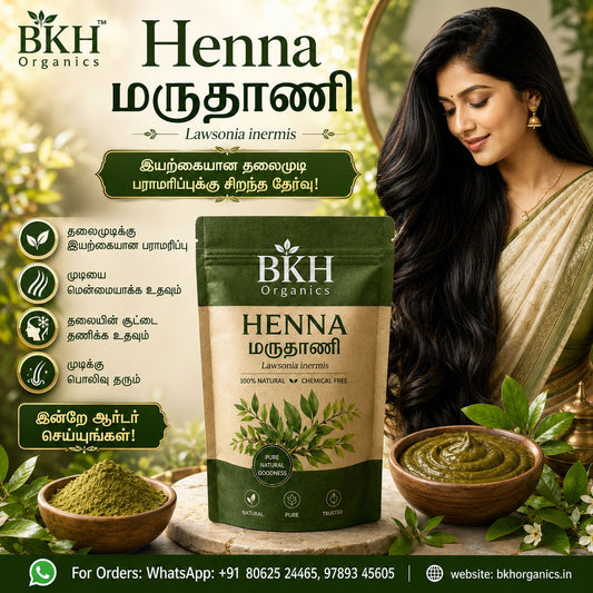 BKH Organics Henna product with a woman and henna ingredients in the background