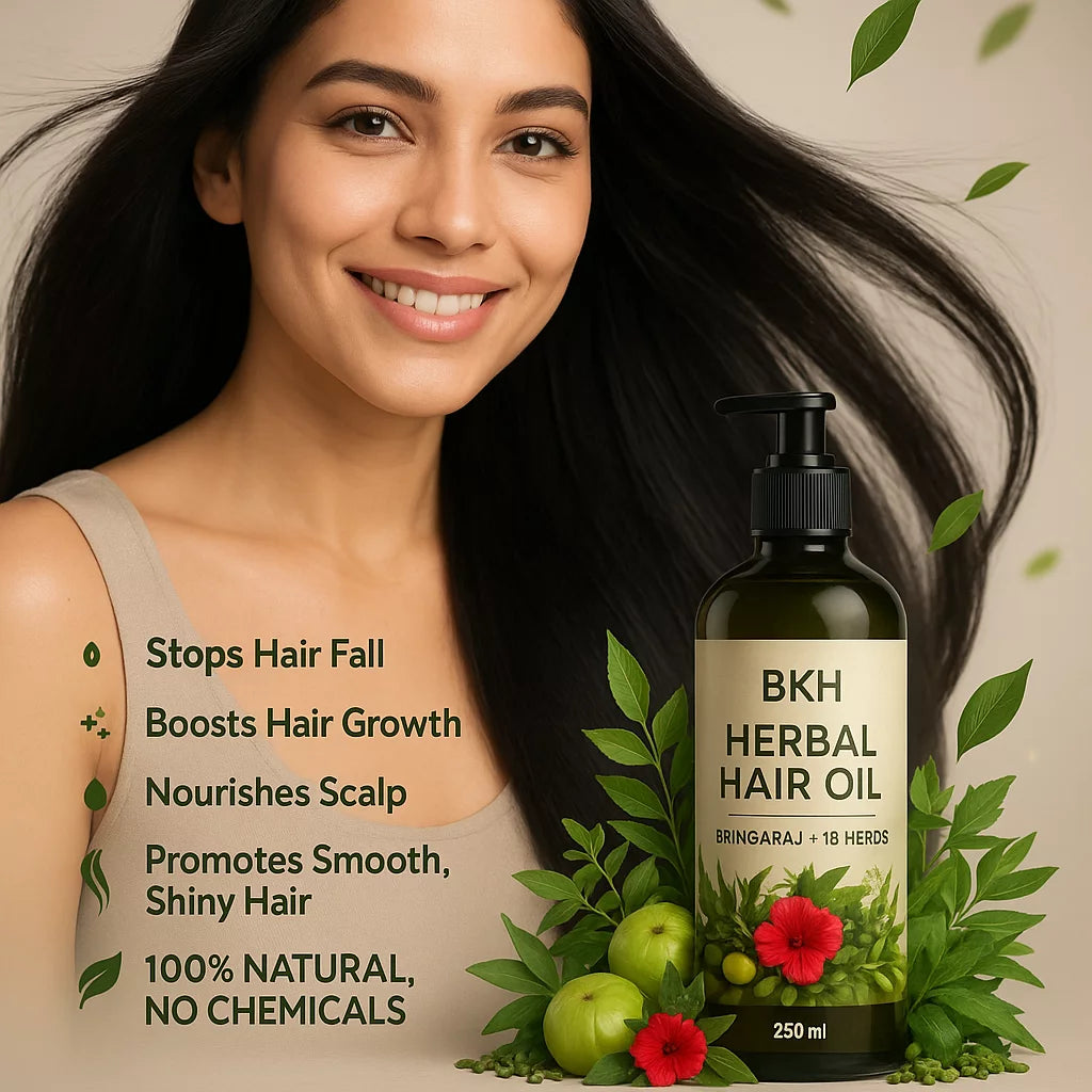 Woman with long hair next to a bottle of BKH Herbal Hair Oil with natural elements around it.