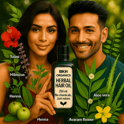 Two people holding a bottle of BKH Organics Herbal Hair Oil with herbs and flowers around them.