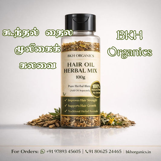 BKH Organics hair oil herbal mix bottle with ingredients on a light gray background