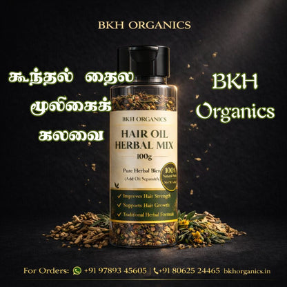 BKH Organics Hair Oil Herbal Mix bottle with text on a dark background