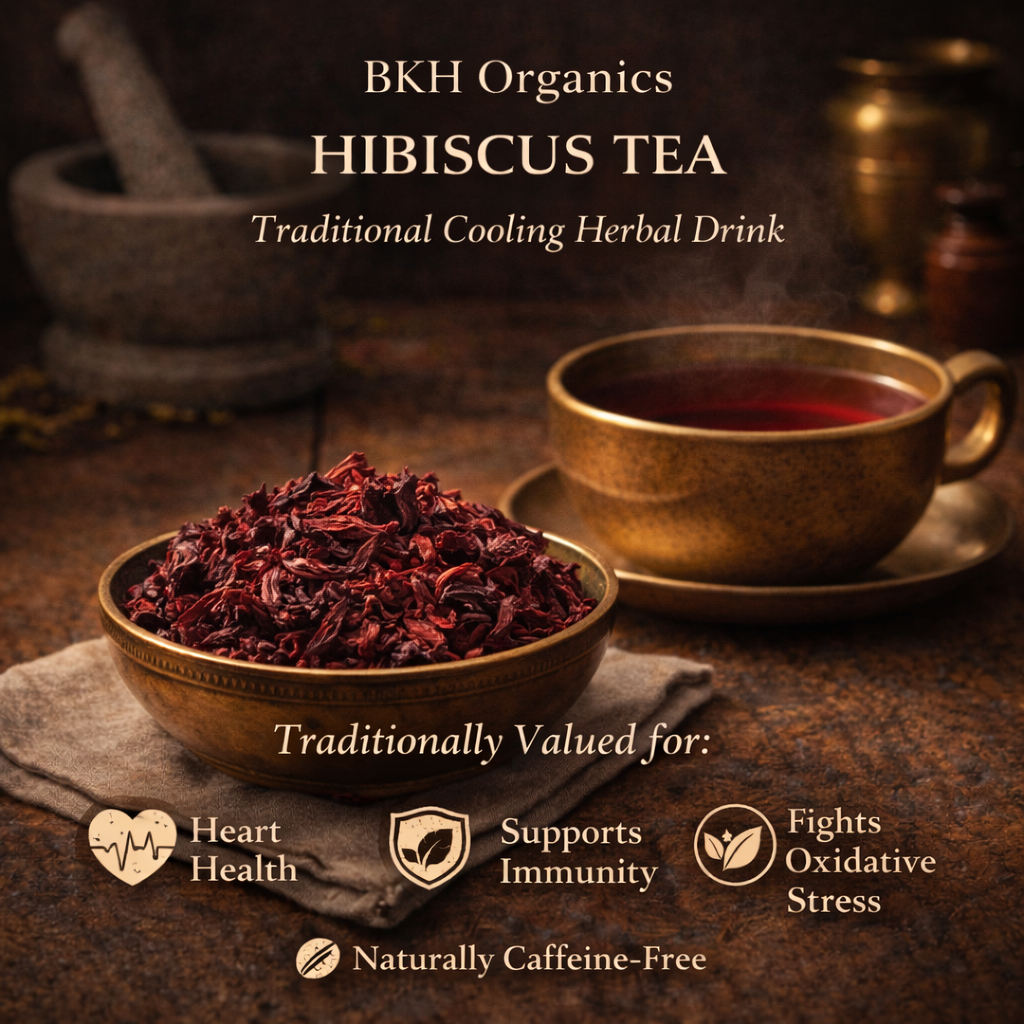 BKH Organics Hibiscus Tea advertisement with tea leaves, cup, and text on a dark background