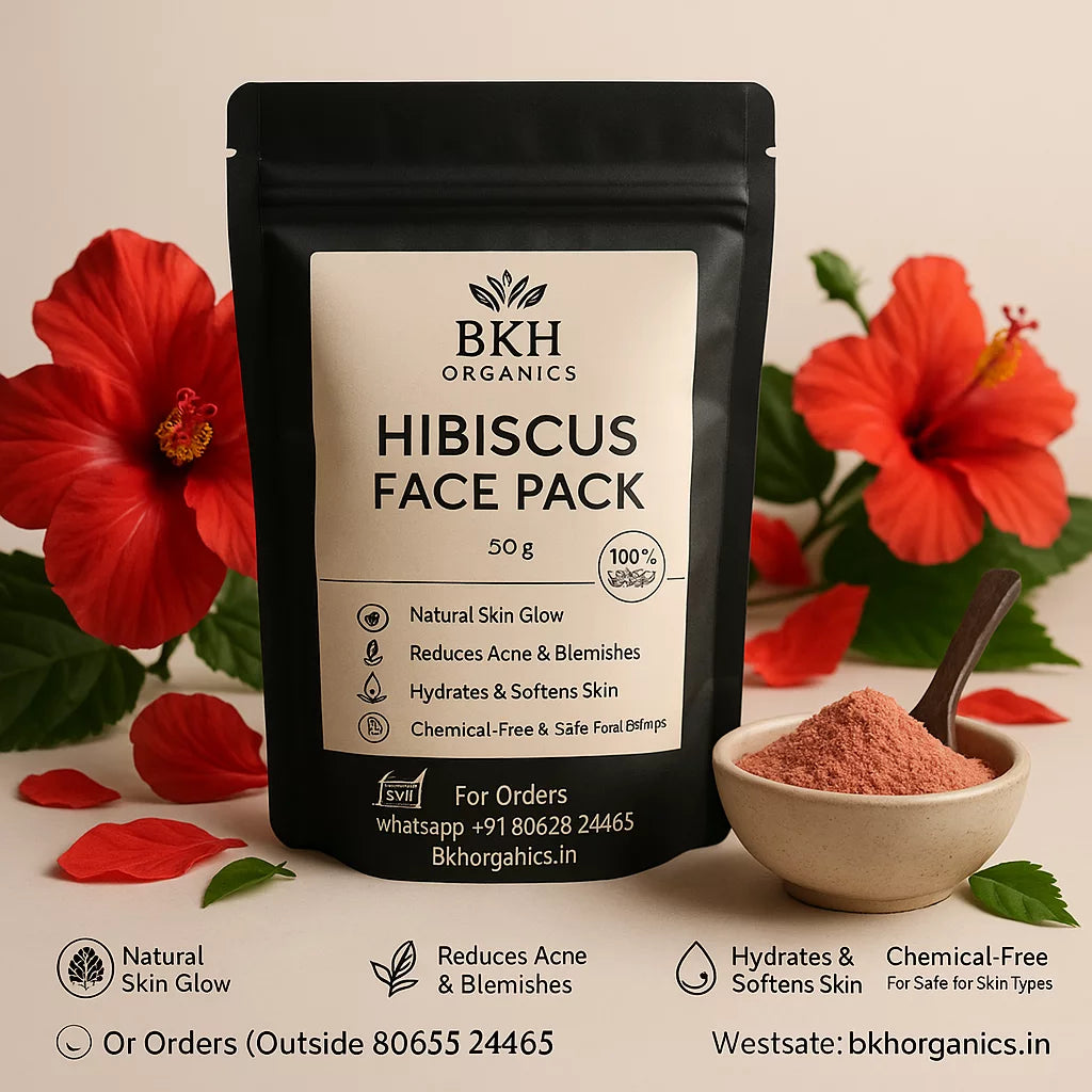 BKH Organics Hibiscus Face Pack packaging with hibiscus flowers in the background