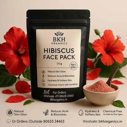BKH Organics Hibiscus Face Pack packaging with hibiscus flowers in the background