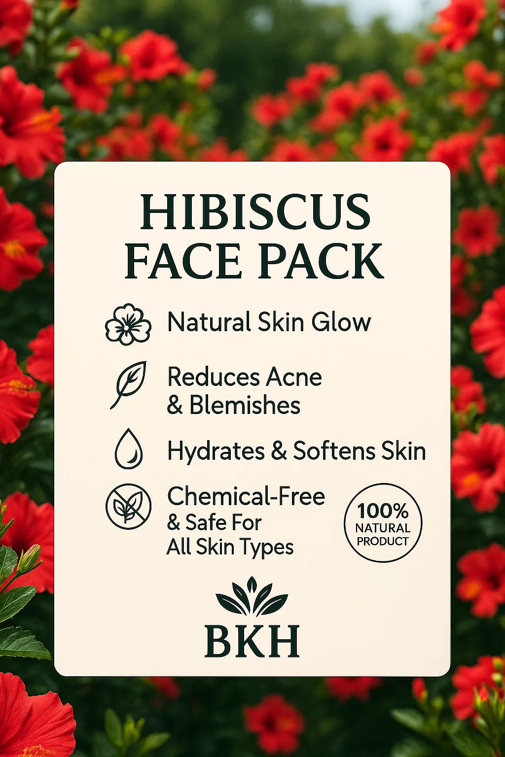 Hibiscus face pack product with red flowers in the background, BKH Organics
