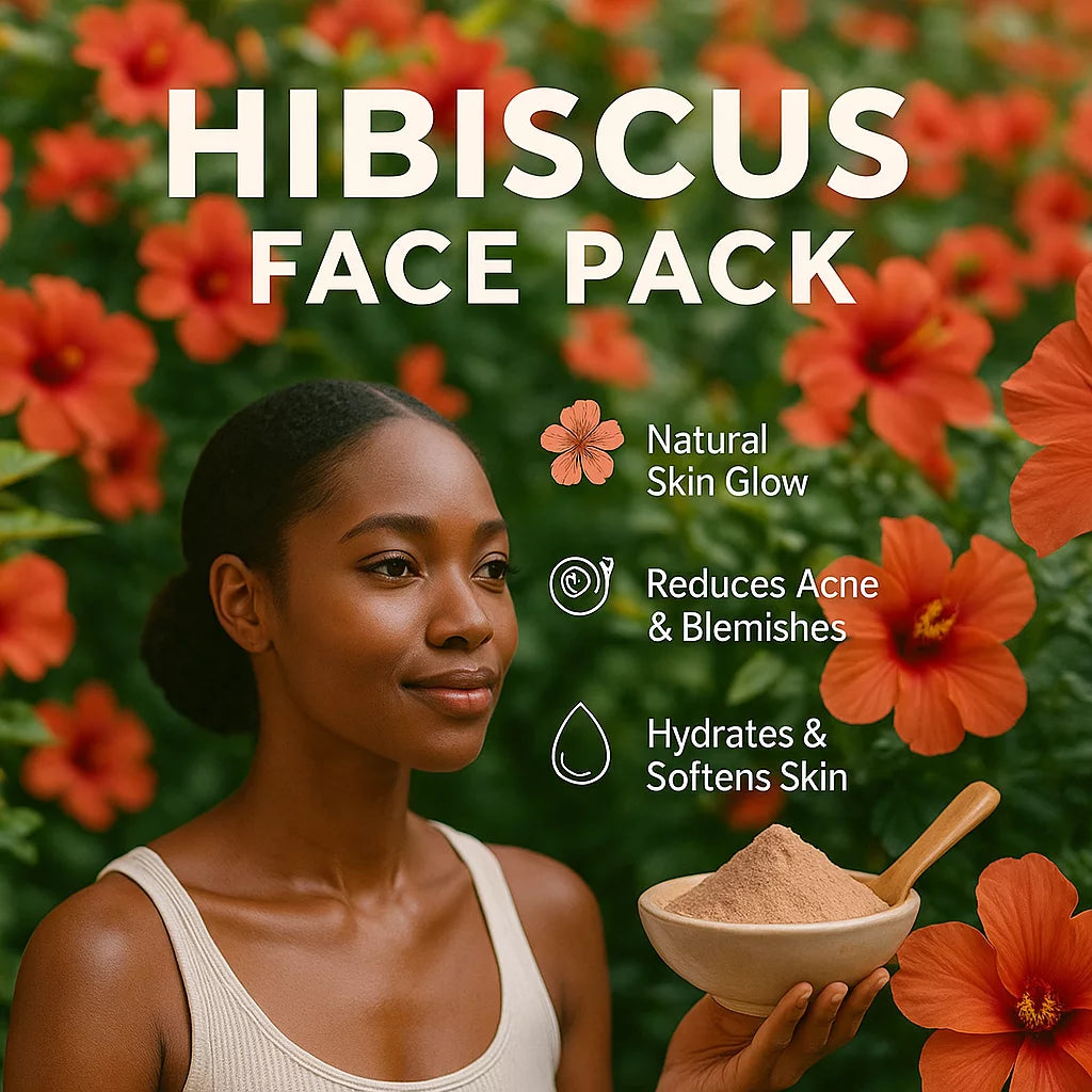 Woman holding a bowl of hibiscus face pack with hibiscus flowers in the background, BKH Organics