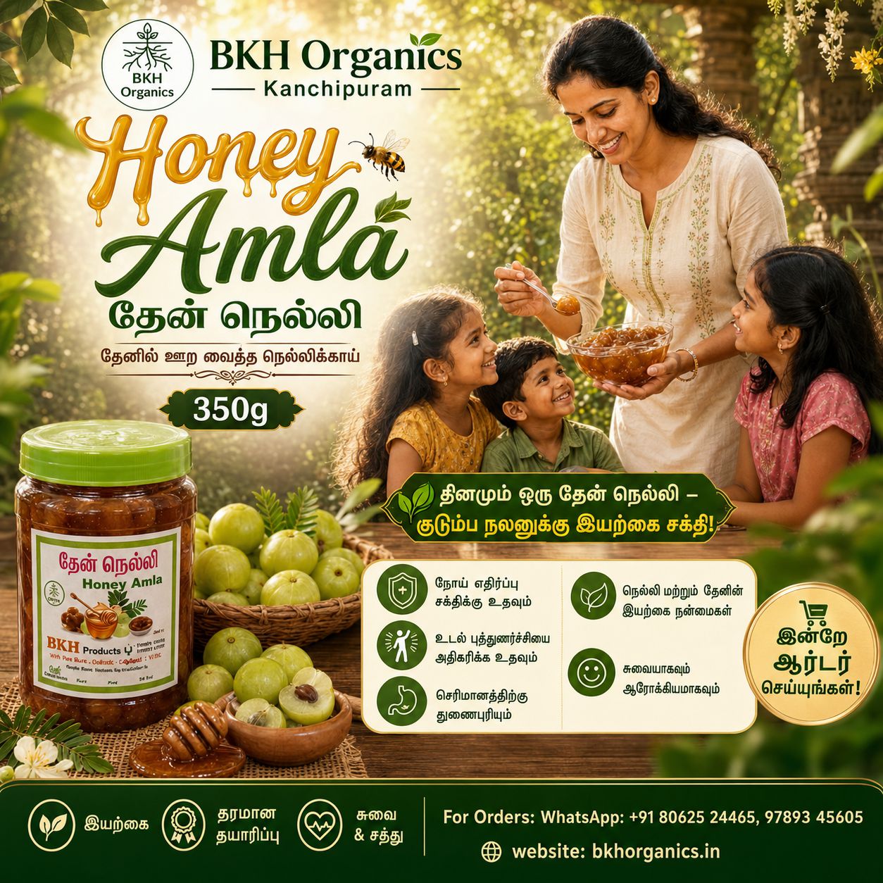 BKH Organics Honey Amla product with a woman and children outdoors.
