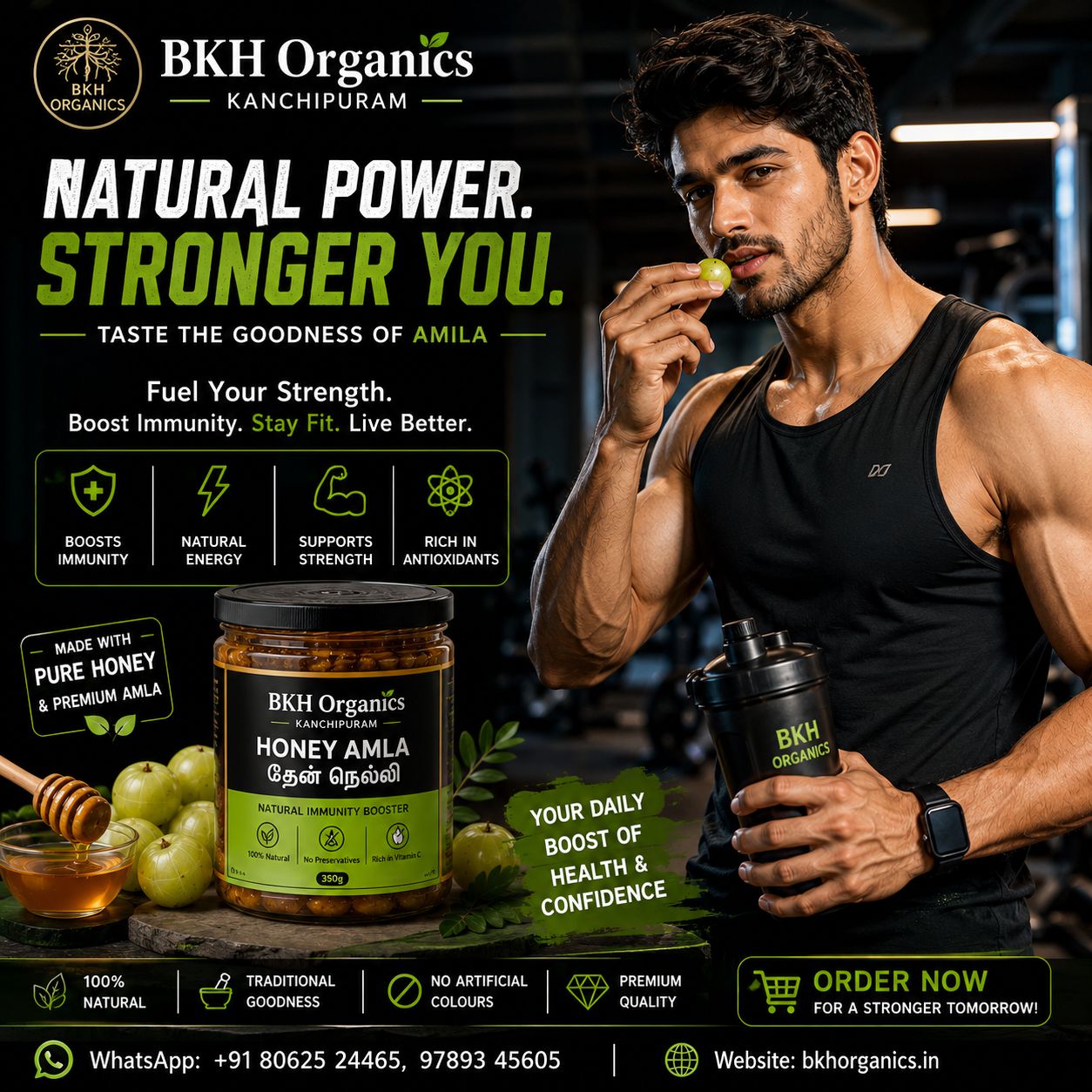 BKH Organics Honey Amla with a man holding a container, set against a gym background.