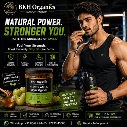 BKH Organics Honey Amla with a man holding a container, set against a gym background.