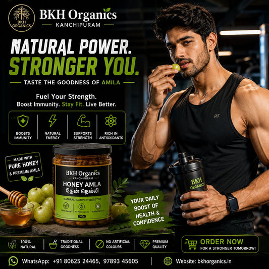 BKH Organics Honey Amla with a man holding a container, set against a gym background.