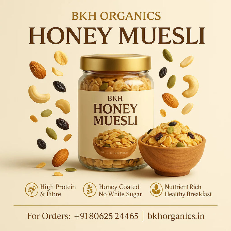 BKH Organics Honey Muesli with ingredients on a beige background
