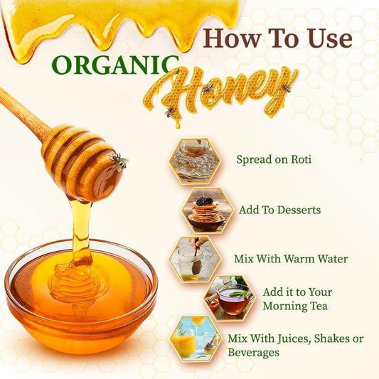Instructions on how to use organic honey with a honey dipper and honeycomb illustration. Wild Honey 500g - BKH Organics