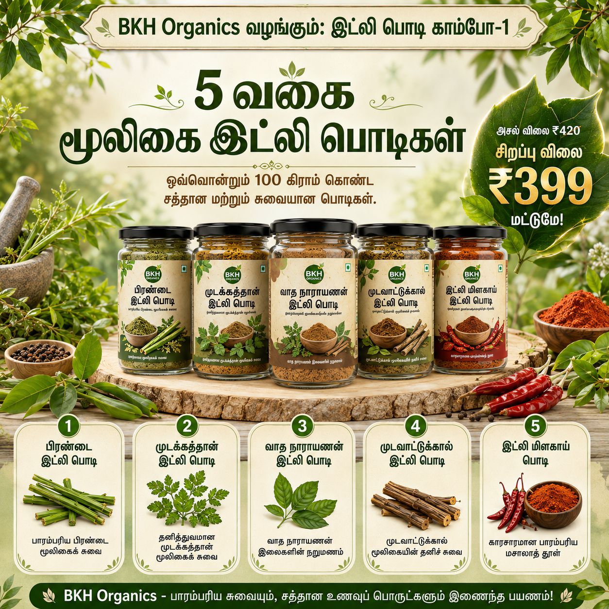 BKH Organics spice jars with ingredients and promotional text on a natural background. Herbal idly Podi