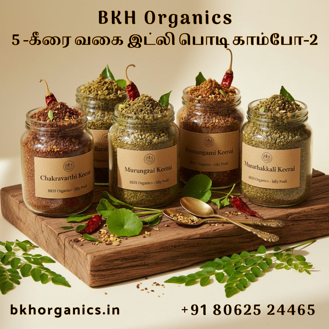 Jars of BKH Organics spices on a wooden board with text and contact information.