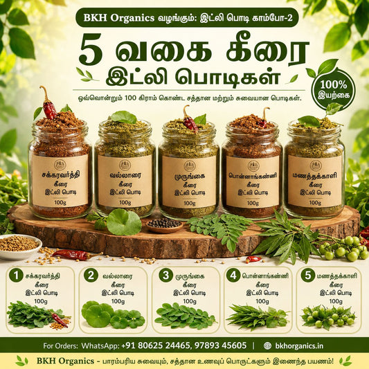 BKH Organics spice jars on a wooden stand with green leaves and text in Tamil. Spinach idly podi
