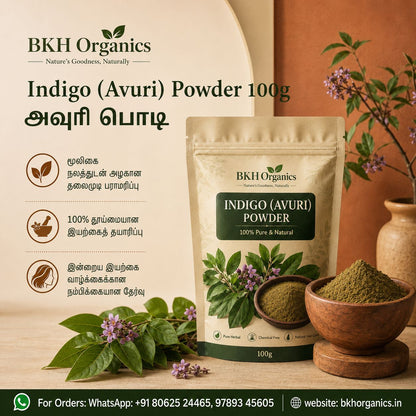 BKH Organics Indigo Avuri Powder packaging with ingredients and contact information.