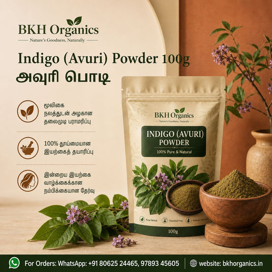 BKH Organics Indigo Avuri Powder packaging with ingredients and contact information.