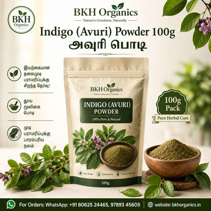 BKH Organics Indigo (Avuri) Powder packaging with green leaves and powder in a bowl on a light background.