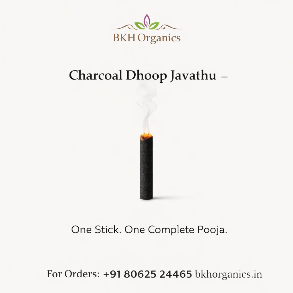 Charcoal dhoop javathu with smoke on a white background, branded as BKH Organics.