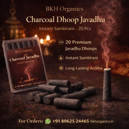 BKH Organics Charcoal Dhoop Javadhu with packaging on a dark background