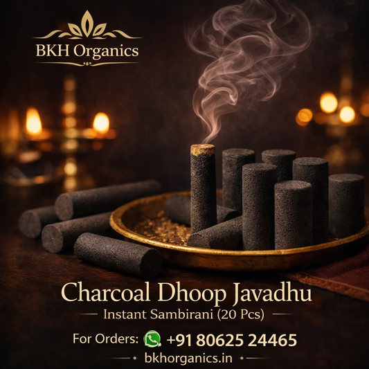 BKH Organics Charcoal Dhoop Javadhu with smoking sticks on a dark background