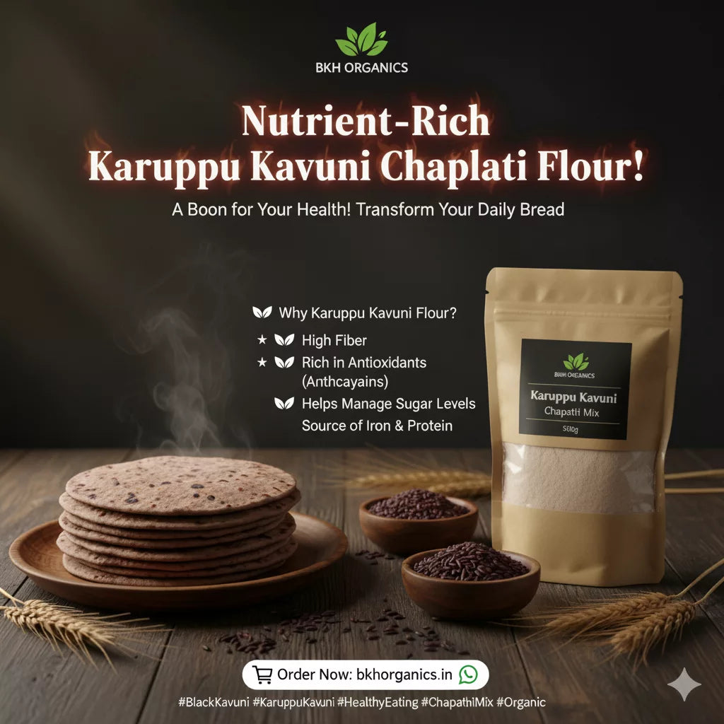 BKH Organics Karuppu Kavuni Chaplati Flour package with stacked chapatis and ingredients on a wooden surface.