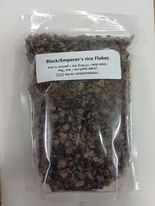 Packaged black rice flakes with a label on a white background, BKH Organics Karuppu Kavuni rice Flakes