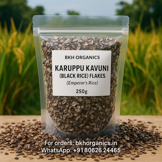 Bag of BKH Organics Karuppu Kavuni Black Rice Flakes with a blurred natural background