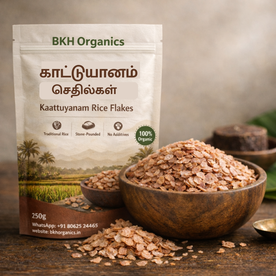 BKH Organics Kaattuyanan Rice Flakes packaging with rice flakes in a bowl on a wooden surface.