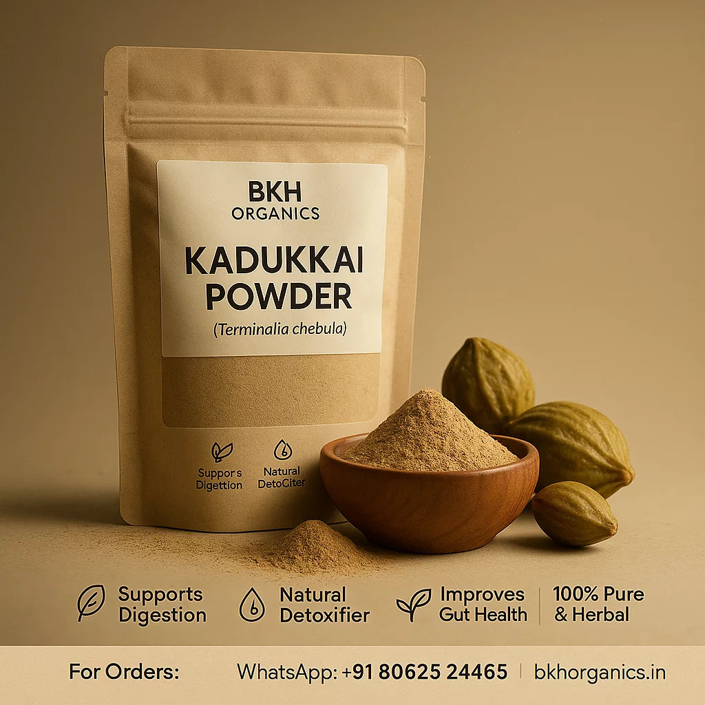 BKH Organics Kadukkai Powder packaging with ingredients on a beige background