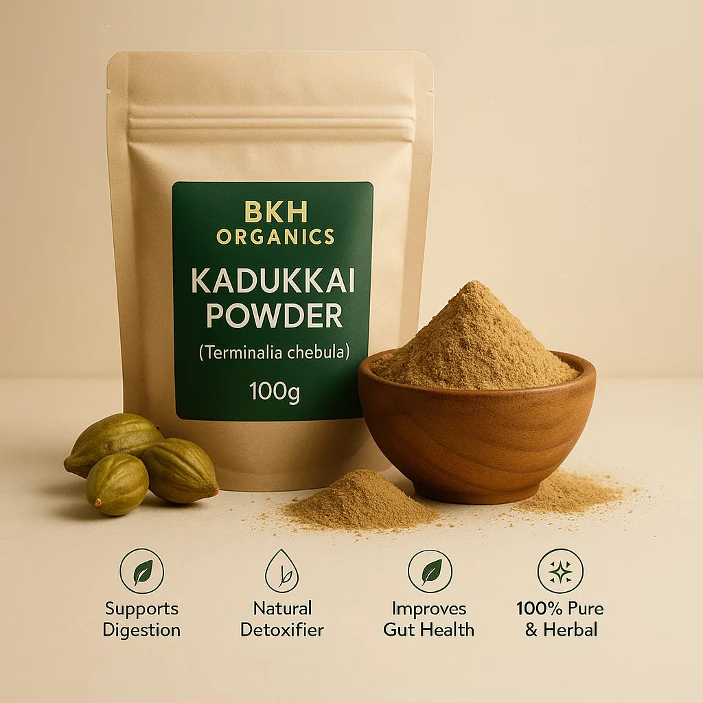 BKH Organics Kadukkai Powder packaging with powder in a bowl and ingredients on a beige background