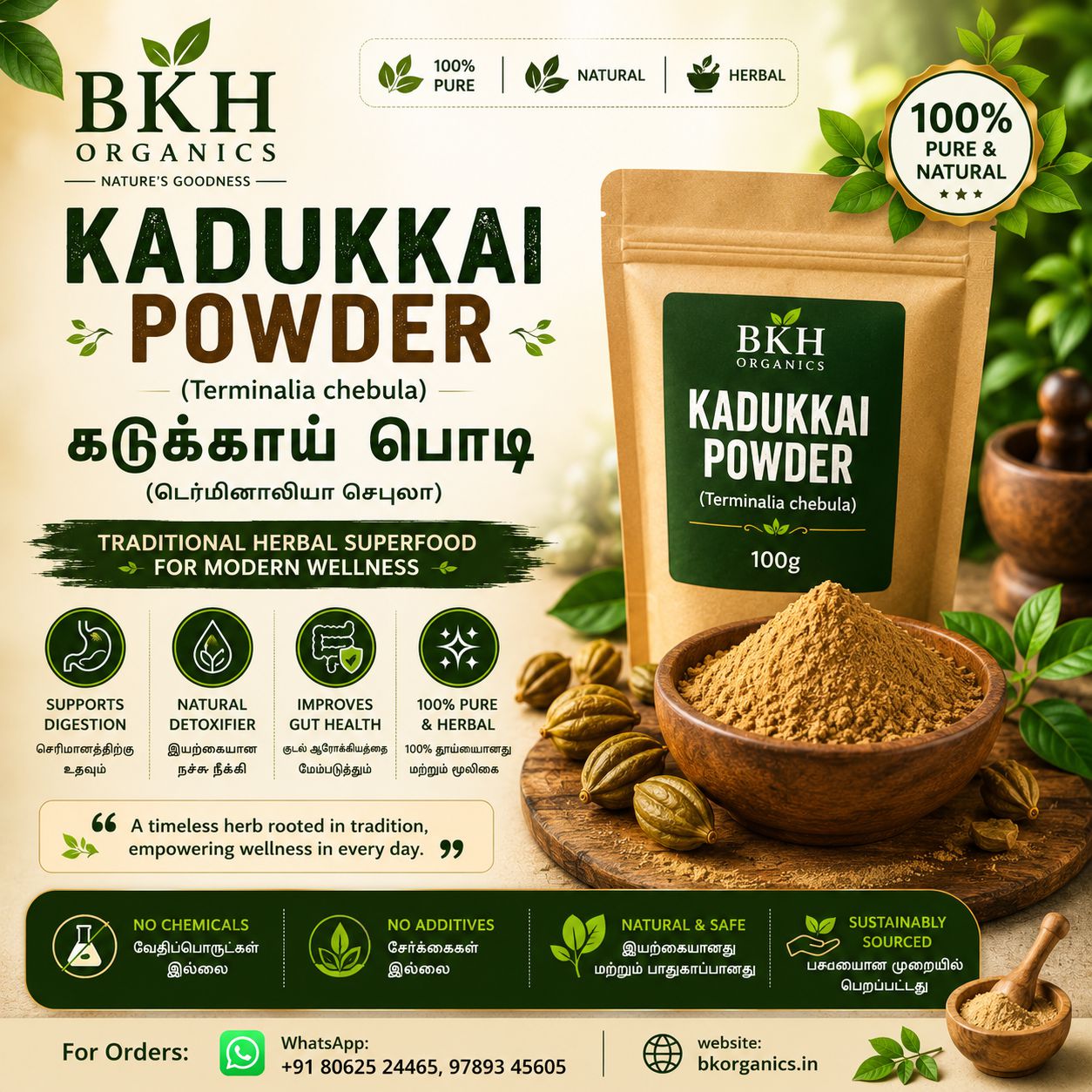 BKH Organics Kadukkai Powder packaging with ingredients and health benefits on a natural background.