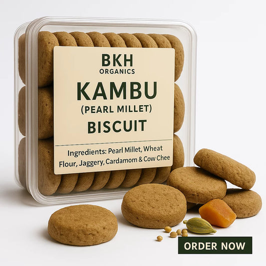 BKH Organics Kambu Pearl Millet Biscuit packaging with biscuits and ingredients on a white background