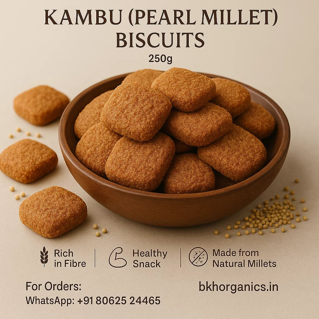 Kambu pearl millet biscuits in a bowl with product details on a beige background, BKH Organics